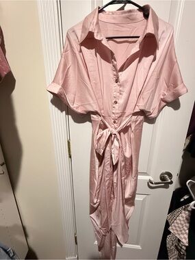 Women's Satin Shirt Dress with Self-Tie Belt - Pink